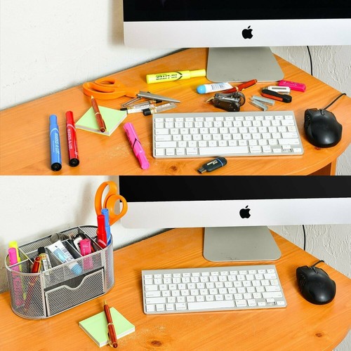 8 Compartment Desk Organizer Wire Mesh w/Additional Drawer, Silver - 第 3/4 張圖片