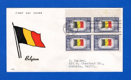 Scott 914 5c Belgium Overrun Nations FDC by Fidelity Planty 2 Block of Four