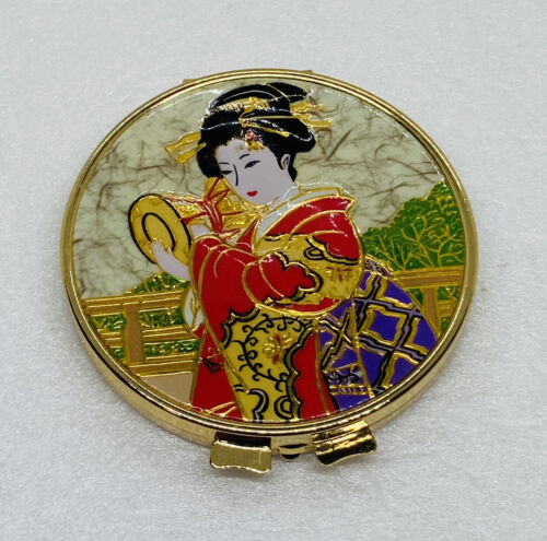 Rare 1970s Japanese Geisha Enameled Mirror Make Up Vanity Double Sided Japan 10 - Afbeelding 1 van 11