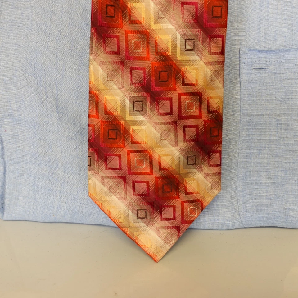 KENNETH COLE Tie Mens Designer  Ombre Yellow Orange Geometric Square Silk Dress - Image 2 of 4