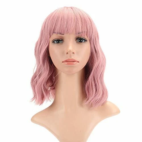 Girls Short Fashion Bob Wig Purple Pink Wig for Women Pastel Wavy Wig With Bangs - Image 2 of 4