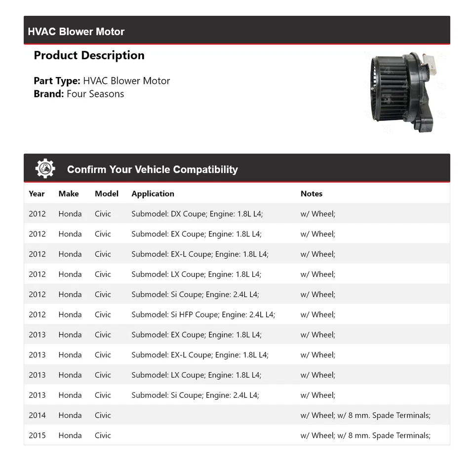 Motor soplador de climatización para Honda Civic 2012-2015 4 estaciones 2013 2014 Foto 2 de 4