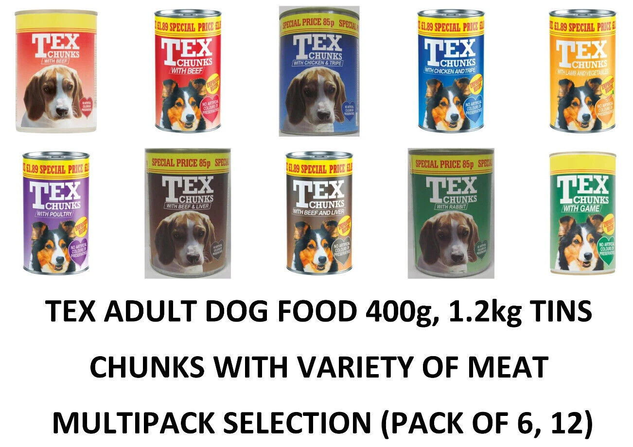 TEX CHUNKS Variety Meat Selection 400g, 1.2kg Adult Dog Food Tin (PACK OF 6, 12)
Opens in a new wind