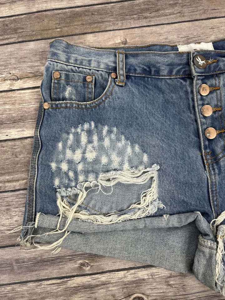 Pantalones Cortos Denim Envejecidos One Teaspoon Romeos Talla 32 Azul Tiro Alto Calce Ajustado Foto 2 de 4