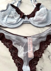 Victoria's Secret Nwt Tease Unlined Demi Bra High Leg Thong Sheer Mesh Blue Set