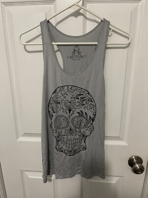 Bear Dance Gray Sugar Skull Lightweight Soft Tank Top Women's Sz S