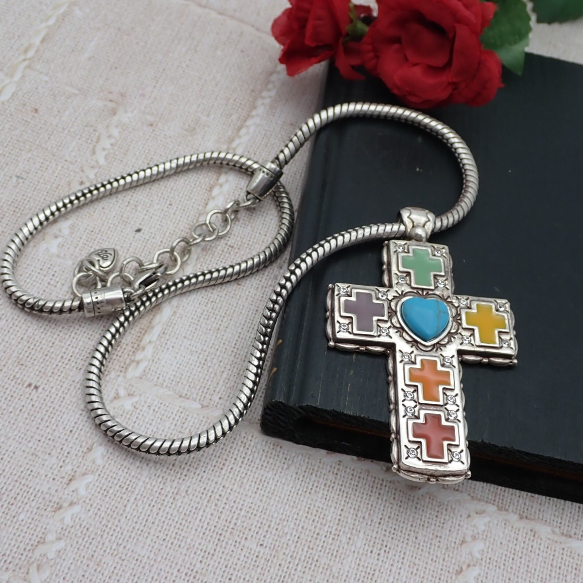 Brighton Loretto Turquoise Enamel Reversible Cross Pendant 19