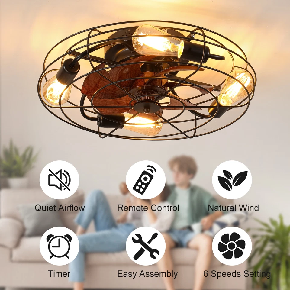 20" Ceiling Fan Light Flush Mount Farmhouse Caged Lights kit With Remote Control - Image 2 of 4