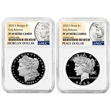 2025-S Proof $1 Morgan and Peace Silver Dollar 2pc Set NGC PF69UC ER Morgan