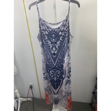 Blue White Coral Medallion Print Sleeveless Midi Dress Boho Spaghetti Strap