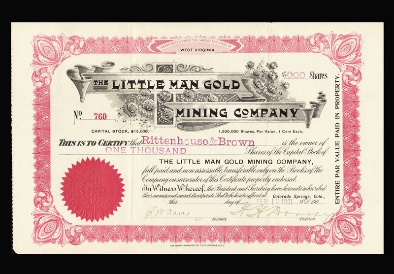 1901 CRIPPLE CREEK ⛏️ Little Man Gold Mining Company Stock Certificate COLORADO