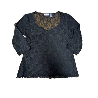 Zoey Beth Vintage Y2K Black Floral Lace Mesh Top 3/4 Sleeve Lettuce Hem Medium