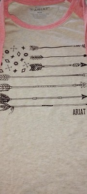 Women's Ariat Arrow Ragland 3/4 sleeve Tee Size M NWT Pink/Oatmeal Relaxed Fit