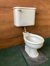 Antique White Ceramic Douglas Avon Toilet Round Bowl Wall Tank Old Vtg 466-25E