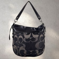 Coach Zoe Signature Hobo Bag Black Gray Monogram Canvas Leather Trim F14710