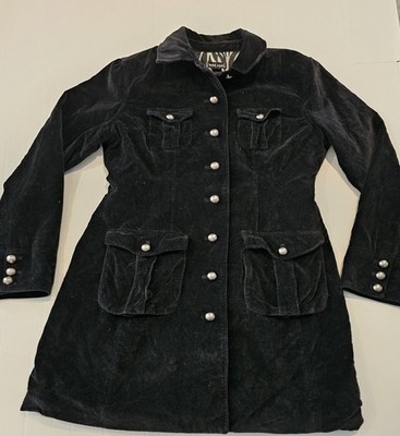 Y2K Wet Seal- Women's Black Velour Metal Button Duster Dress Trench Coat- Large