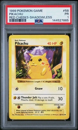 1999 POKEMON BASE SET RED CHEEKS-SHADOWLESS #58 PIKACHU PSA 1