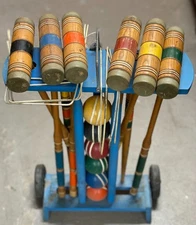 Vintage Croquet Set on a Blue Wooden Caddy