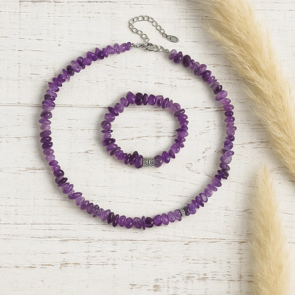 Amethyst Chip Gemstone Purple Bracelet & Necklace Boho Hippy Handmade Ethnic Foto 2 de 3