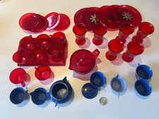 Vtg 1960s Clear Red Plastic Toy Children  s Tea Set Play Dishes Cups - 35 pc lot