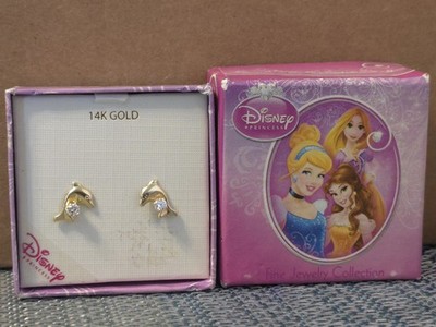 Disney Princess 14K Dolphin 3MM Cubic Zirconia Stud Earrings With Box