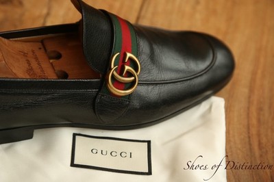 Gucci Black Leather Brass Bit Red & Green Web Shoes Loafers Men UK