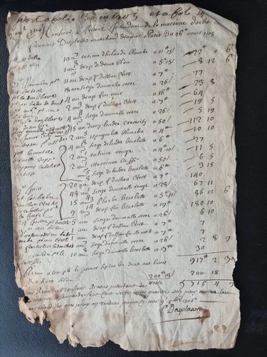 Manuscrit 1705 Marine Intendant Arnoul Facture Drapier Paris Desplasses