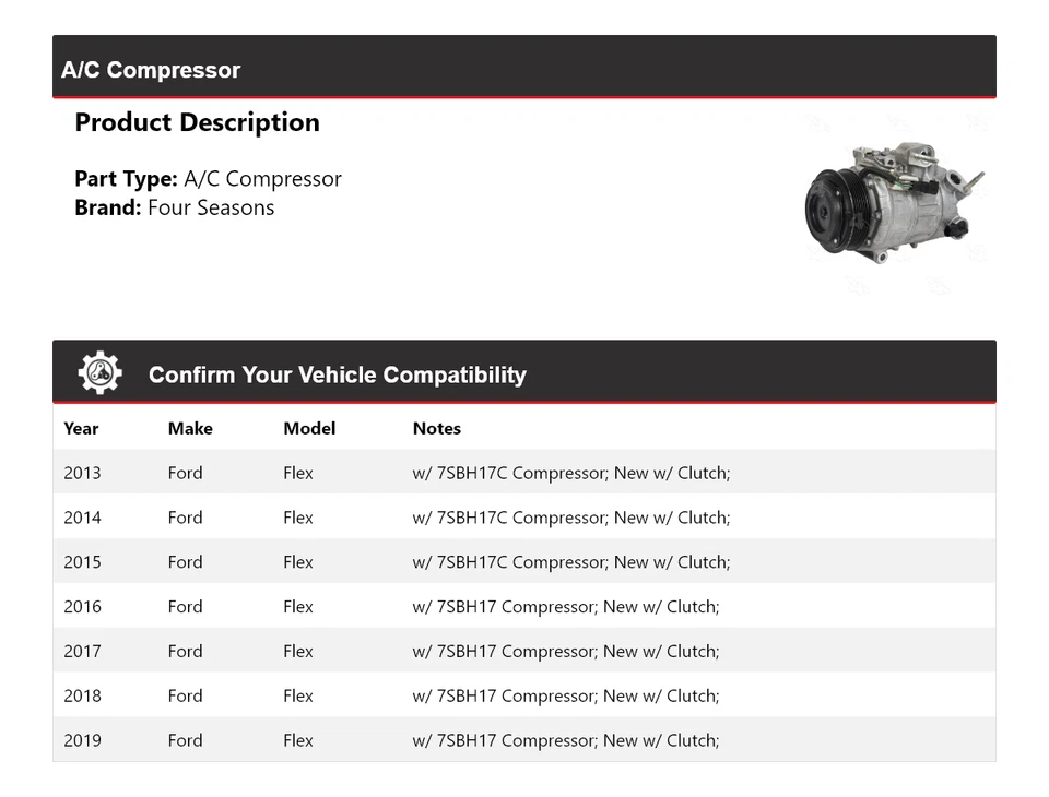 For 2013-2019 Ford Flex A/C Compressor 4 Seasons 2014 2015 2016 2017 2018 - Image 2 of 4