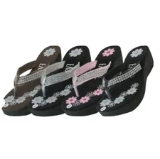 Women's Rhinestone Flower Flip Flops Sandals Shoes 2.5" Wedge Sizes 6-11 New