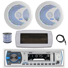 Pyle Bluetooth Marine Radio, Cover,Antenna,Wire, 2x 6.5'' 150W LED White Speaker