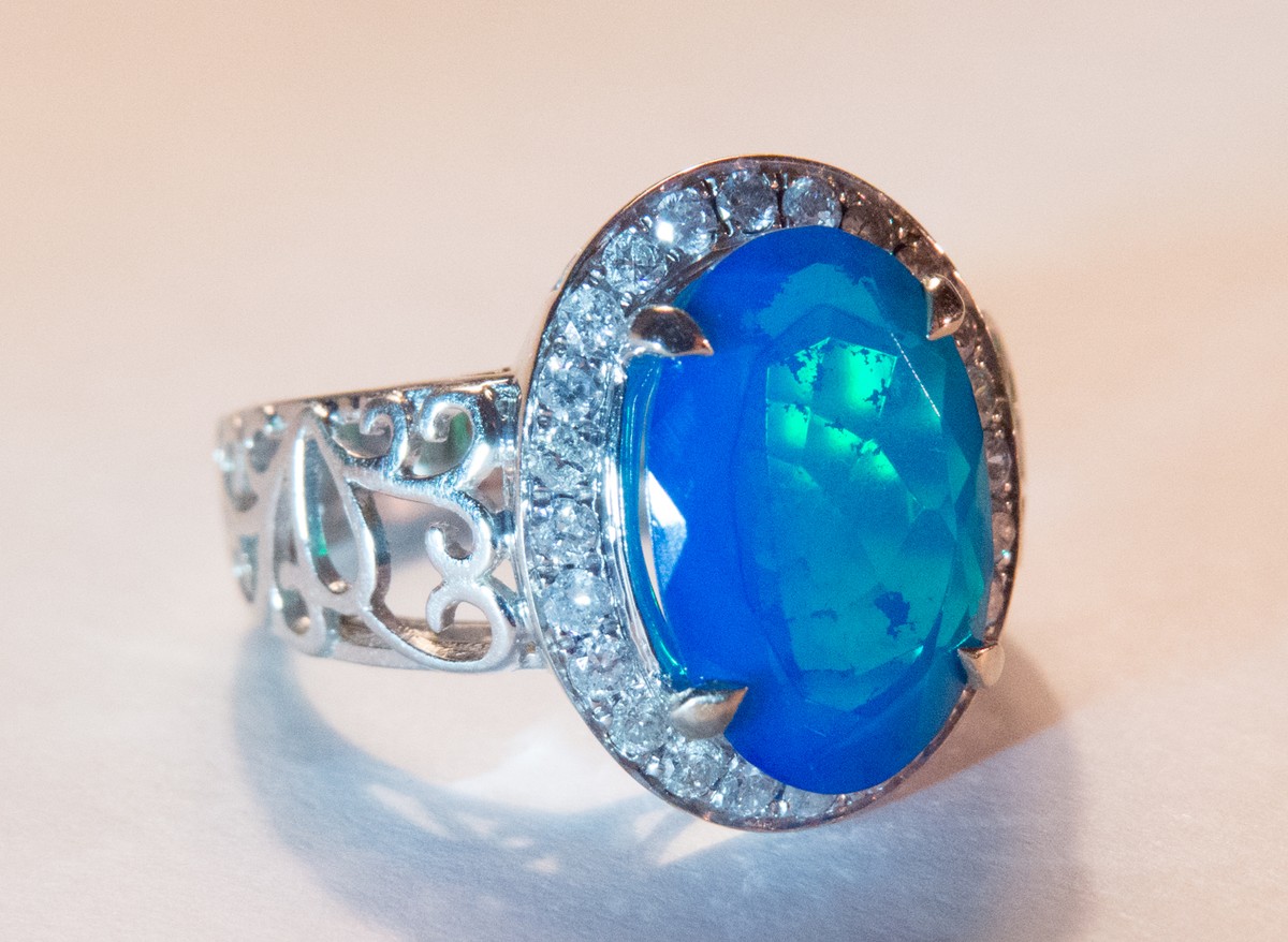 SALE !!! 14K WG Gorgeous Best Color Blue Opal And Diamond Ring