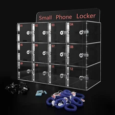 12 Slots Clear Acrylic Cell Phone Locker Box Storage Cabinet Pocket w/ Keys&Coil