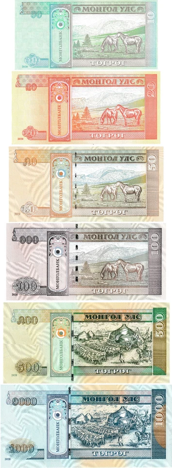 Mongolia Set 10, 20, 50, 100, 500, 1000 Tugrik, 2019/2020, UNC, 6 note set - Image 2 of 2