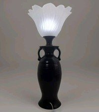 Black-glazed ceramic lamp  with a contemporary White Glass Flower shade 