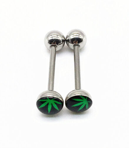 Perçage bague piercing langue boutonnière boutonne feuille de marijuana verte herbe acier - Photo 1/3