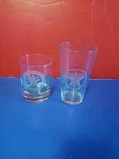 Pair Of Texaco Gasoline Filling Station Etched Pint And Whiskey Glasses EUC