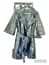 Vintage Black Patent Leather Shiny Raincoat / Trench Coat 3/4 Sleeve (ptp 20")