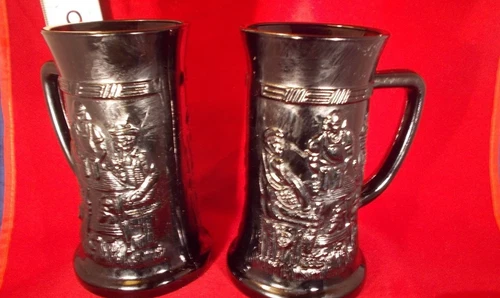 Set of 2-Black Glass Stein Mug Indiana Tiara Tavern Scene Steins