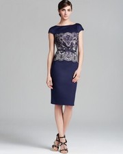 TADASHI SHOJI Navy Ivory Cream Lace Bow Belt Neoprene Cocktail Dress 8 US = M