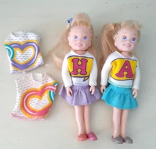 2 Vintage 1991 Tyco Quints Babysitter Cousins Cheerleader Dolls + Hearts shirts