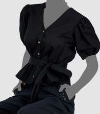 $70 INC International Concepts Women's Black Tie-Waist Puff-Sleeve Top Size XXL