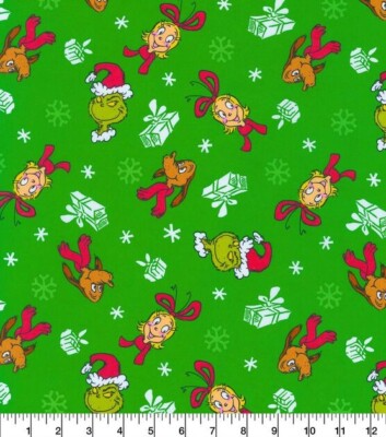 How The Grinch Stole Christmas Gifts on Green  Cotton Fabric 1yd + 27'' x 43''