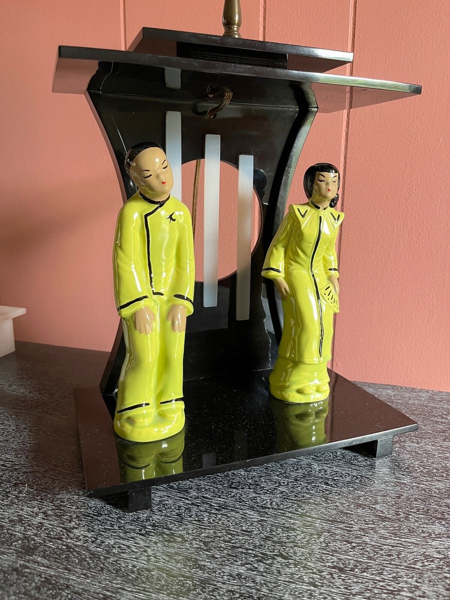 vintage MOSS LAMP with lucite base pair of figurines 1940s