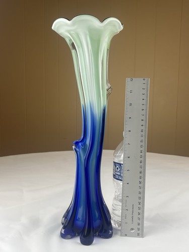 Vintage Murano Art Glass Vase Cobalt Blue green Flower Steam Shape 15 -1/2” Tall - Picture 11 of 13