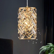 1-Light Gold Crystal Pendant Light, Mini Ceiling Hanging Light Fixture with K...