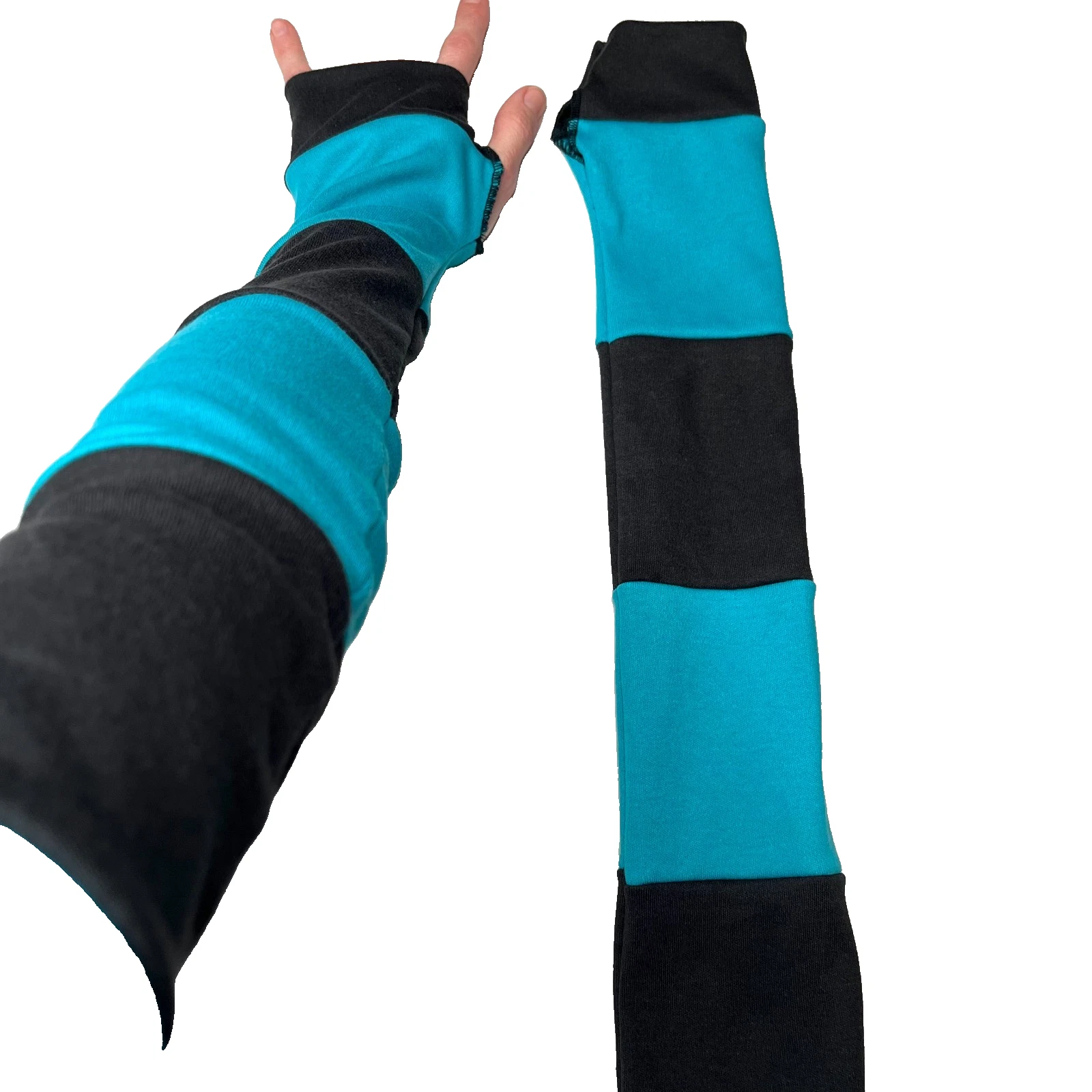 Long Striped Gloves Turquoise Blue Hand Warmers Black Armwarmers Patchwork NEW
Opens in a new window