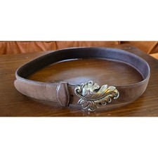 Brighton Boho Chic Brown Leather Belt Silver Ornate Leaf Buckle Made in USA L