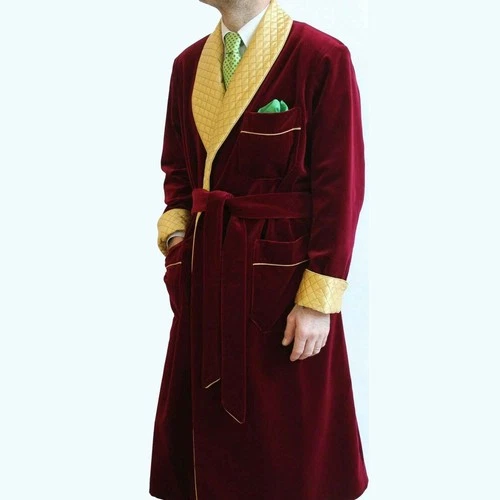Men's Maroon Velvet Smoking Jacket Yellow Quilted Robe Long Gown Dinner Coat image 3
