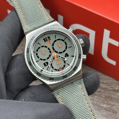 NEW  Swatch Irony L'HEURE DU MARAIS Chronograph Green Leather Men's Watch YVS402