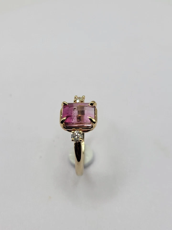 Anel de ouro amarelo sólido 14k turmalina rosa natural e diamante - Imagem 4 de 4